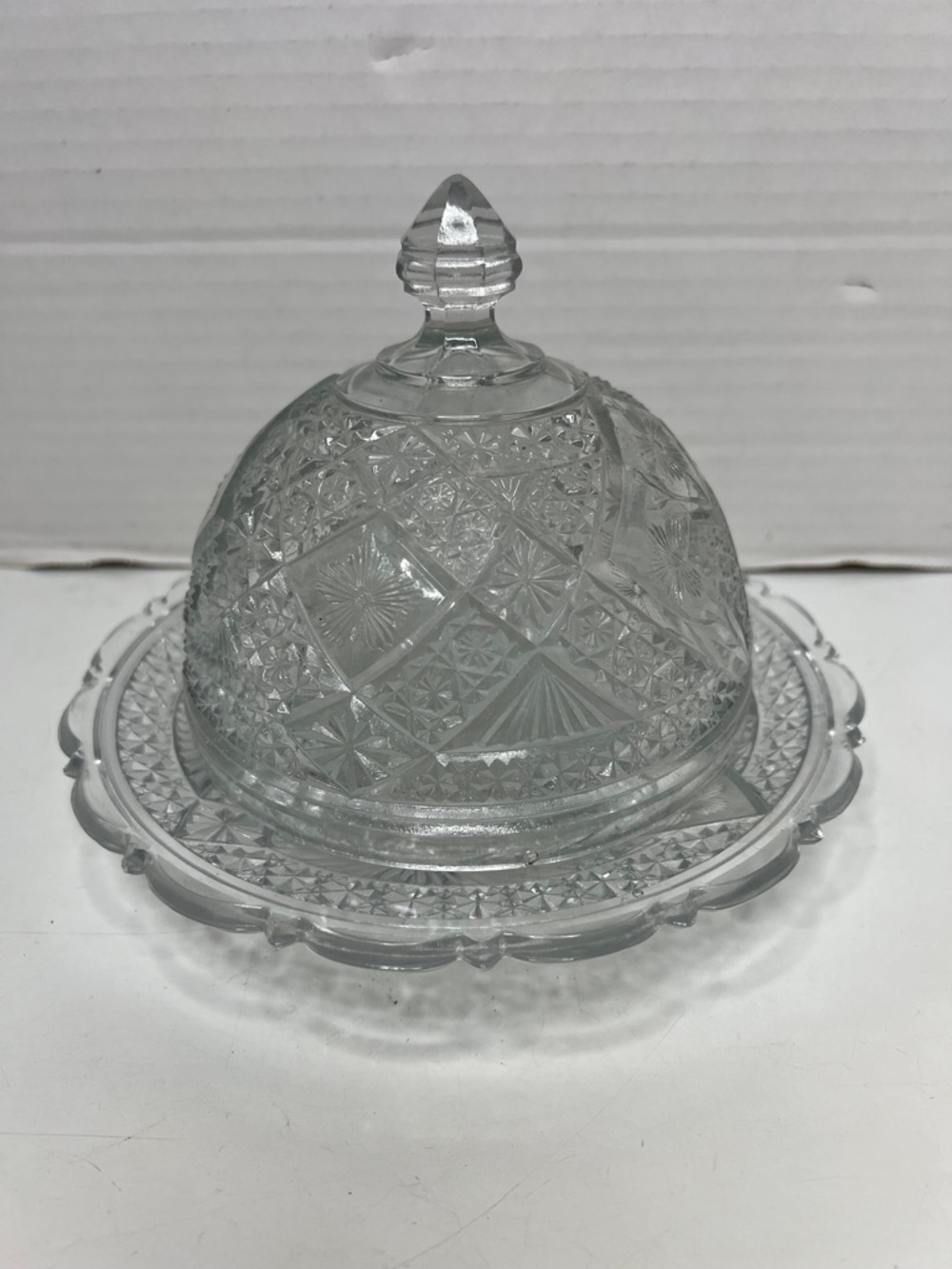 Vintage Clear Pressed Cut Glass Round Butter Cheese Ball Dish w/Dome Lid